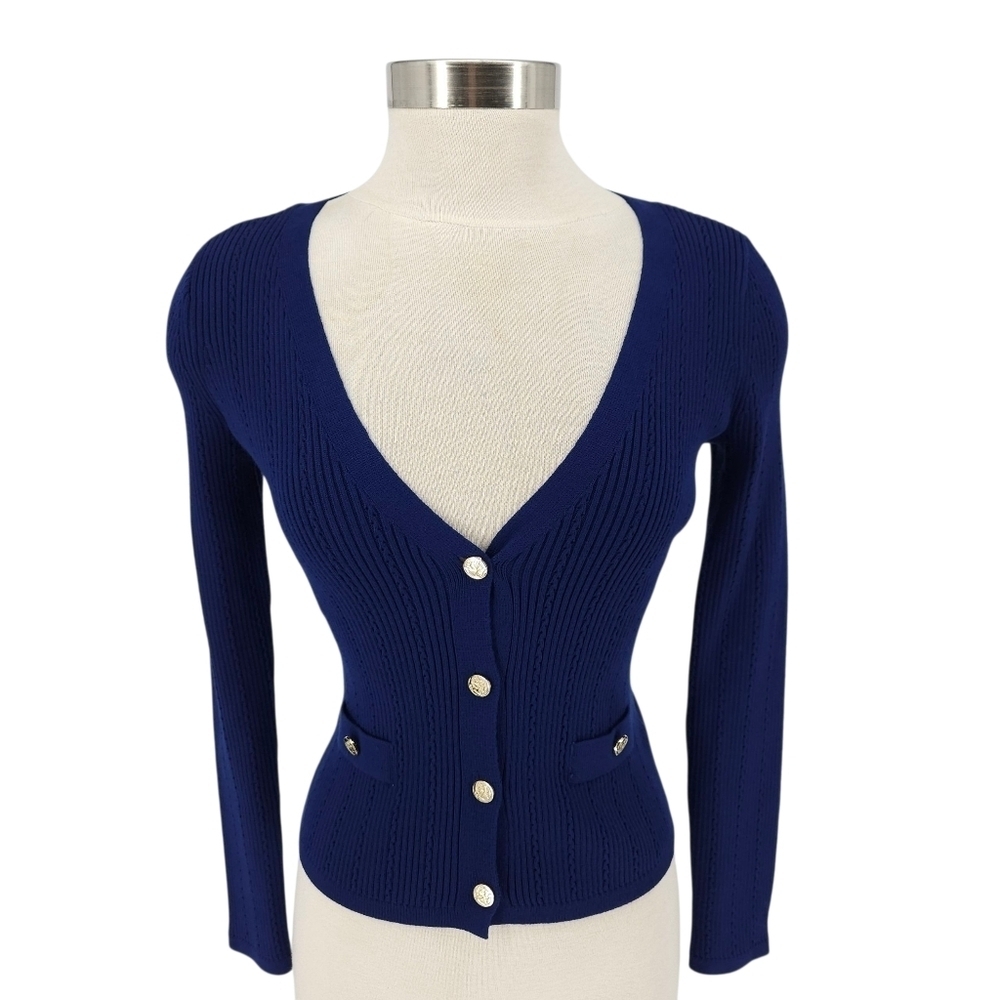 Draper James Sweater Cardigan Navy Blue Long Sleeve Button Up V Neck Rib Knit XS